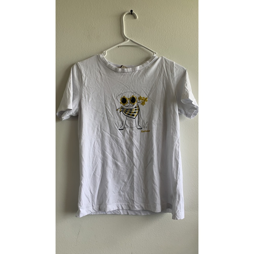 Barbour Womens White Pug Graphic T-Shirt Short Sleeve Crew Neck Size US 4 3825